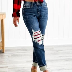 Judy Blue Buffalo Plaid Knee Destroy Knee Patches Cuff Boyfriend Jeans Sz 9/29